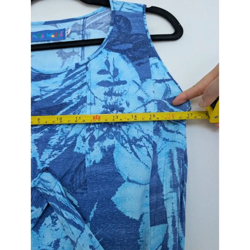 Jams World Blue Tropical Floral Print Sleeveless Babydoll Tie Dress Sz M